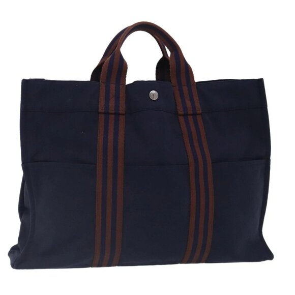 HERMES Tote Bag Canvas Navy Brown Silver Auth - Picture 1 of 15